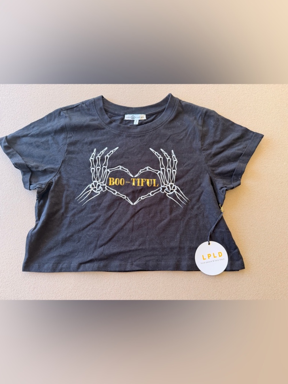 Love Peace & Lazy Days "Boo-tiful" Black Crop Top Halloween Shirt